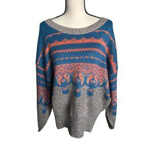 Monroe & Main Sweater Aztec Fair Isle Vickie Pullover Teal Orange Gray Size XL